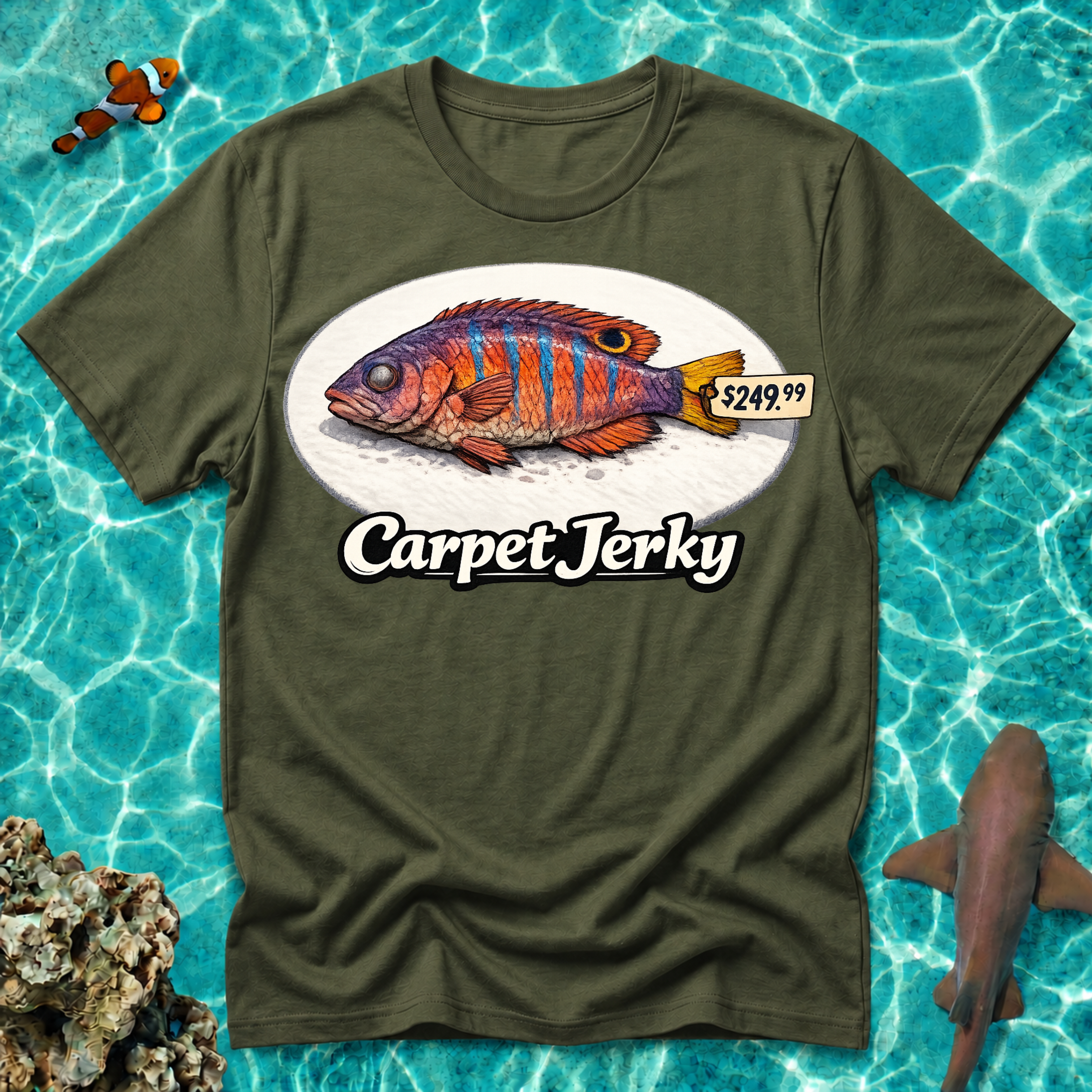 Carpet Jerky Fish Tee — Funny Seafood Graphic T-Shirt