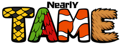 Colorful logo 'TAME' with patterned letters &  Nearly(black) on transparent background