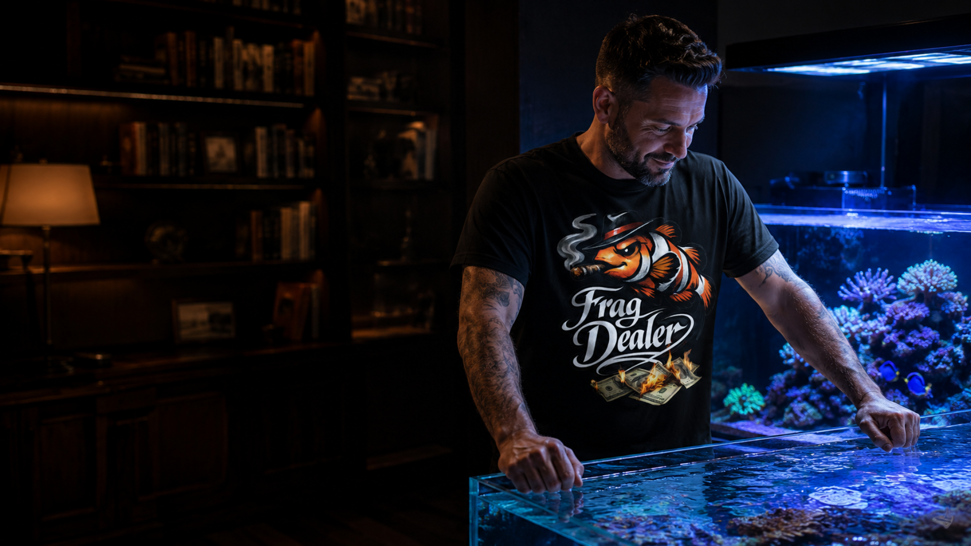 Man in a room with a large aquarium, wearing a 'Frag Dealer' t-shirt.