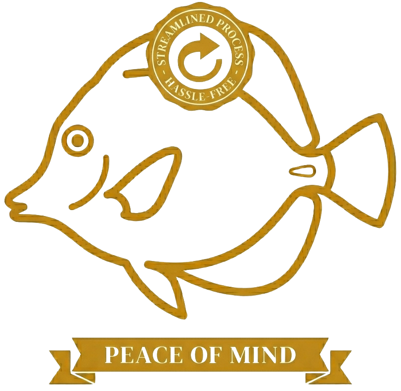 Gold fish illustration with text 'Fast & Easy Returns' and 'Peace of Mind' on a white background
