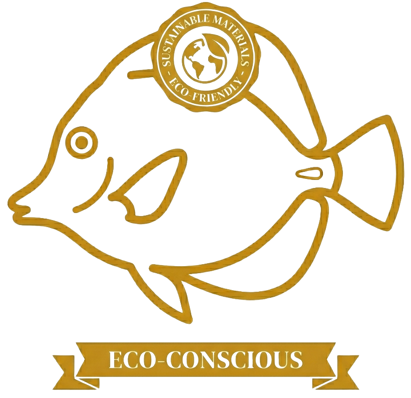Gold fish illustration with 'Sustainable Choices' and 'Eco-Conscious' text on a white background